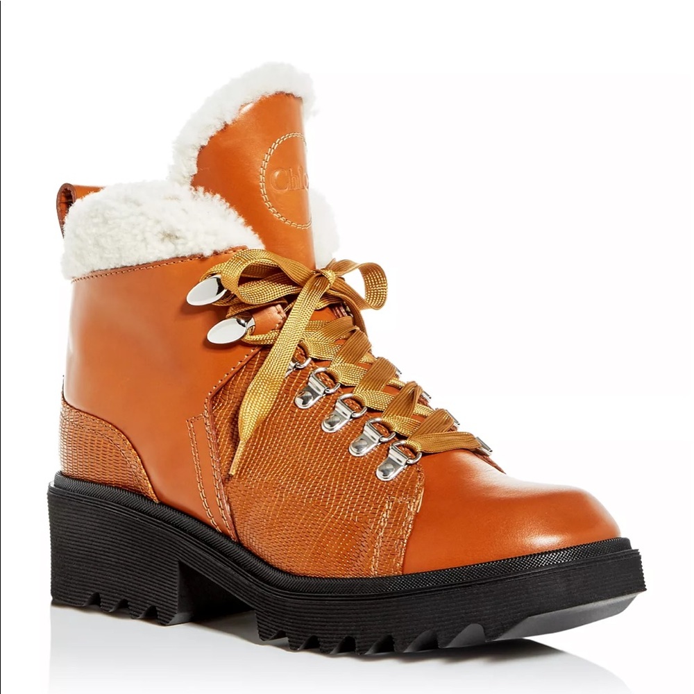 Authentic Chloé Women's Bella Shearling Platform Mountain Booties